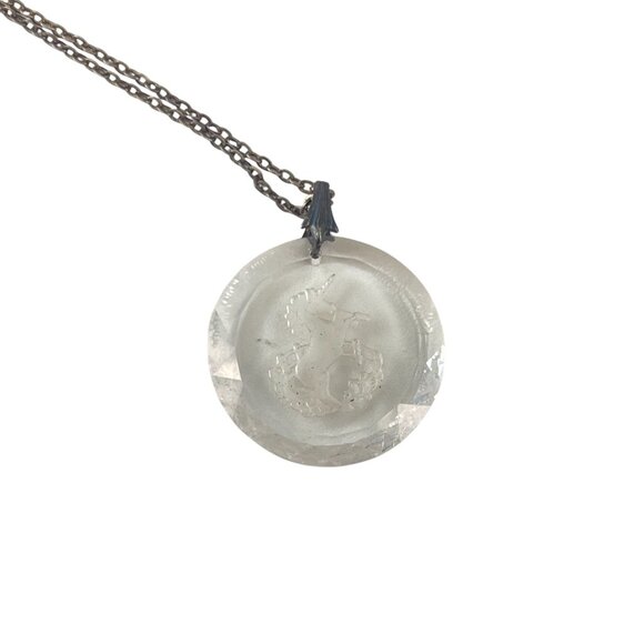 Vintage Crystal Unicorn Etched Glass Pendant Necklace With Fine Chain 18'' Sterl - Picture 4 of 5